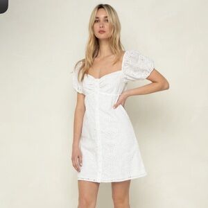 OAK + FORT White Eyelet Sweetheart Puff-Sleeve Mini Dress